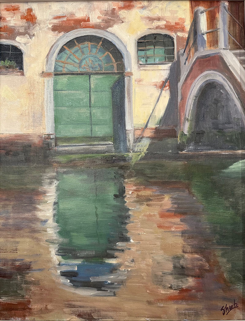 Life passes by the green door, Venice, Italy